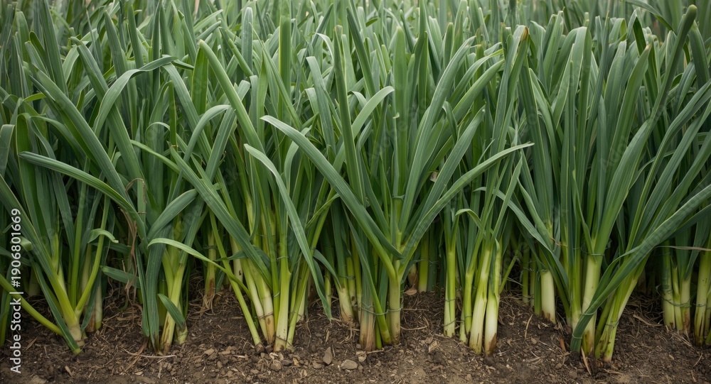 Obraz premium Broad green leeks flourishing organically in garden soil bed