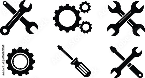 Set of gear and tool icons, black silhouette vector, wrench, screwdriver, mechanical symbols, repair tools, isolated on white background