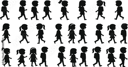 School kids walking silhouettes, children walking with backpacks, boys and girls vector illustration, student group, school children walking, cad drawing flat vector illustration
