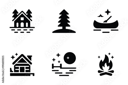 Camping and Outdoor Icons: Cabin, Canoe, Campfire, Tent