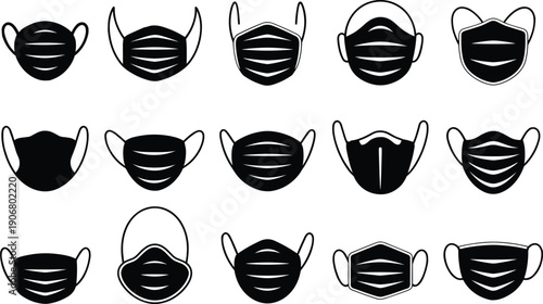 Silhouette collection of fifteen face mask designs, vector illustration for health protection, medical safety, pandemic prevention, and educational projects