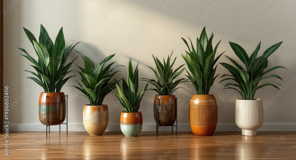 Fototapeta premium Contemporary home and office decor featuring yearlong use of lifelike artificial plants in modern stylish pots