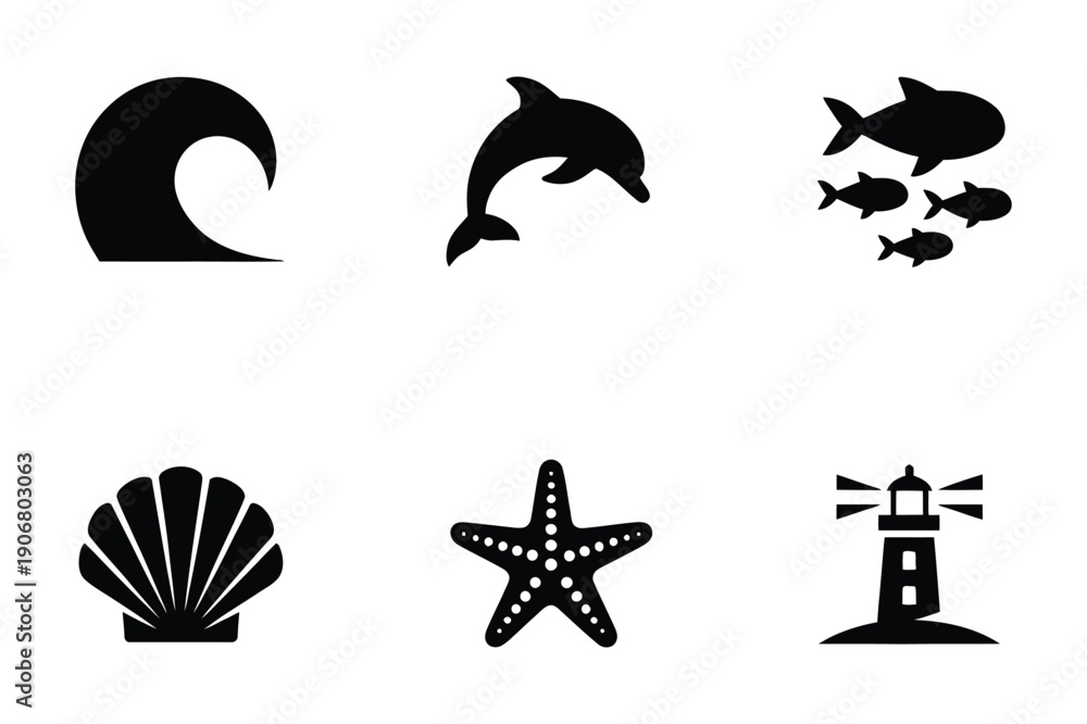 Fototapeta premium Ocean and Sea Life Icons: Wave, Dolphin, Fish, Seashell