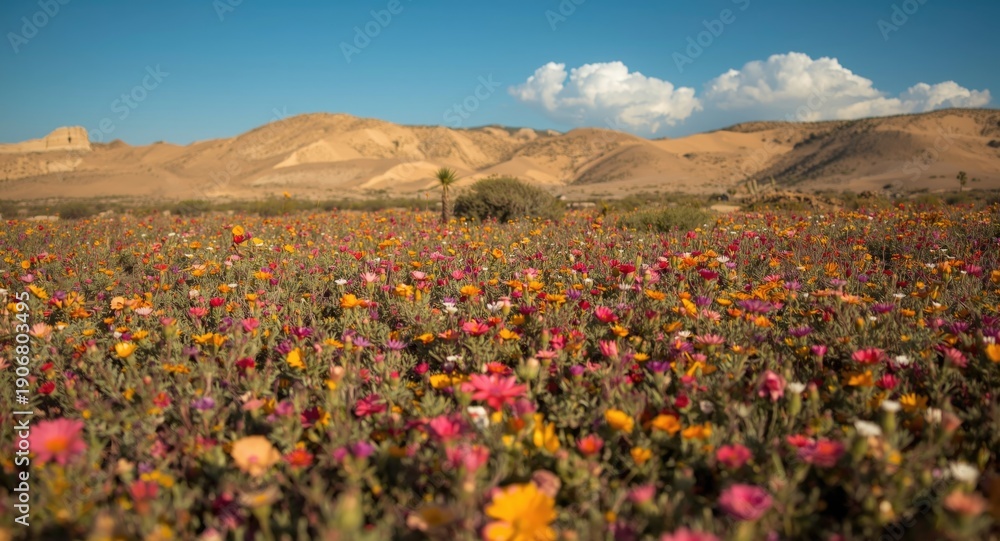 Fototapeta premium Extensive field of flowering plants thriving in the dry desert climate