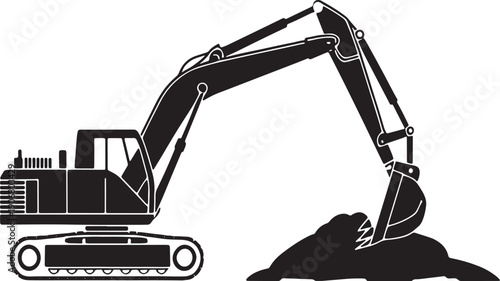 Black silhouette of an excavator digging into a pile of dirt on a white background