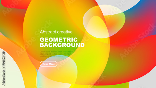 Vibrant overlapping shapes create dynamic colorful background. Text present, button visible. Modern design elements dominate composition.