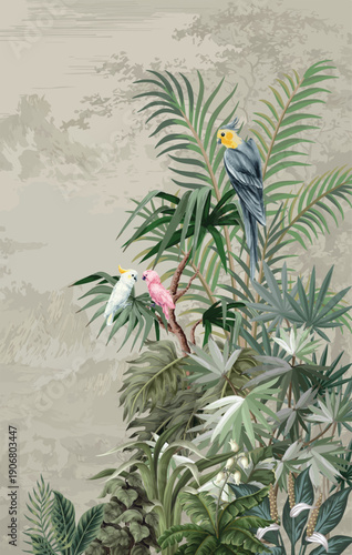 Foto Tropical Plam Wallpaper for wall, Garden Illustration, Birds, Wallpaper, Mughal Garden Illustration