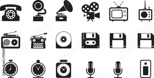 Collection of vintage and retro technology including rotary phone gramophone and floppy disks