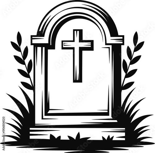 Classic gravestone with a cross and wreaths symbolizing eternal rest and remembrance
