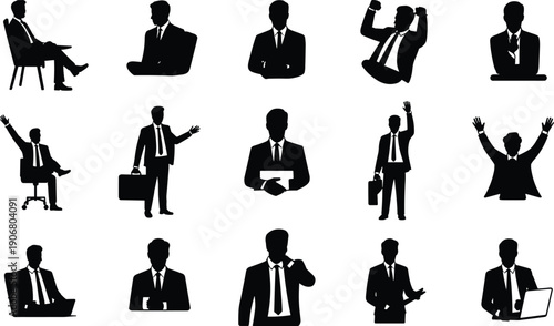 Silhouette collection of sixteen business man poses, vector illustration for corporate design, professional presentations, workplace concepts, and educational projects