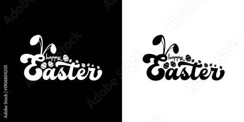 Happy Easter black and white logo hand lettering typography with bunny ears and eggs, festive holiday calligraphy isolated on white background. Easter typography set with rabbit ears