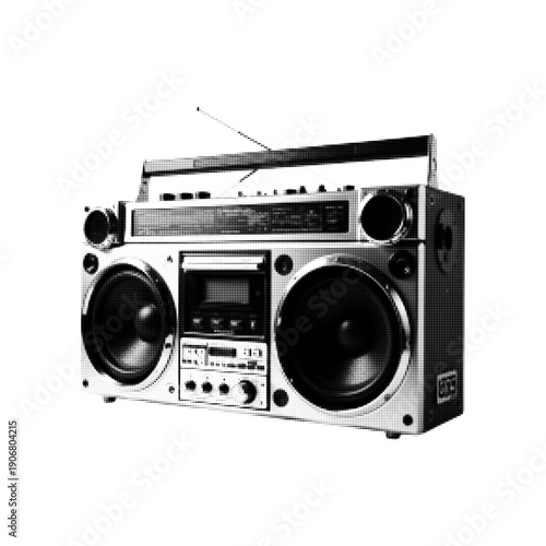 Vintage portable boombox stereo in black-and-white halftone style. Retro audio device illustration evoking music, cassette culture, and classic street sound.