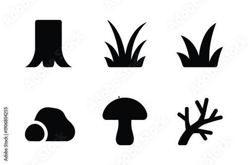 Nature icons: tree stump, grass, rock, mushroom, branch