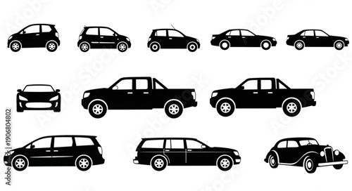 Collection of various car silhouettes in black and white.