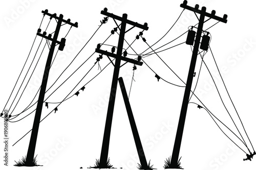 Silhouette damaged utility poles with sagging tangled power lines, leaning structures, outdoor grass landscape, electrical infrastructure failure, urban electricity outage system