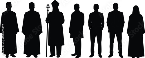 Silhouette of diverse people in religious attire and business suits, representing unity, diversity, culture, tradition, equality, peace, society, harmony