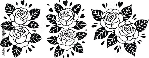 Elegant black and white floral tattoo design featuring roses and leaves