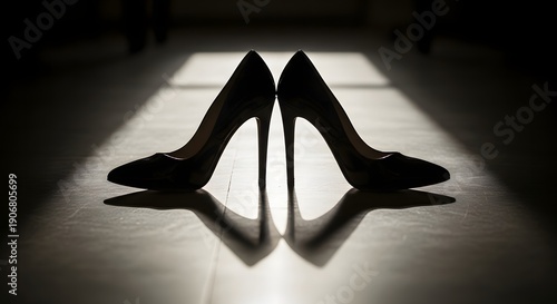 High heels standing on a floor illuminated by sunlight coming through a window casting a shadow