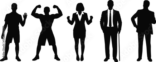 Silhouette of diverse male and female characters, fitness, business, disability, strength, teamwork, career, vector illustration, personal development concept