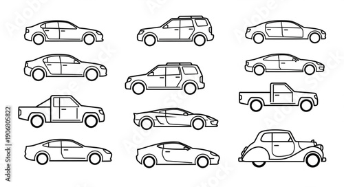 Collection of Various Car Silhouettes and Line Drawings.