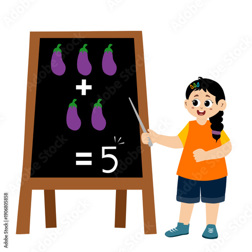 little kid learns subtraction and addition of vegetable in blackboard