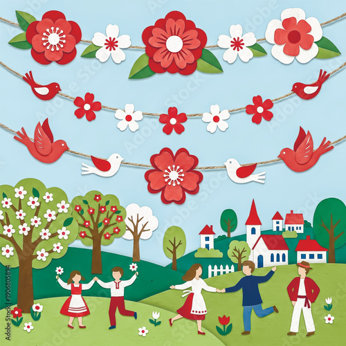 A vibrant paper art collage of an Eastern European spring celebration. People in folk costumes dance in a village under red and white garlands. Vector illustration