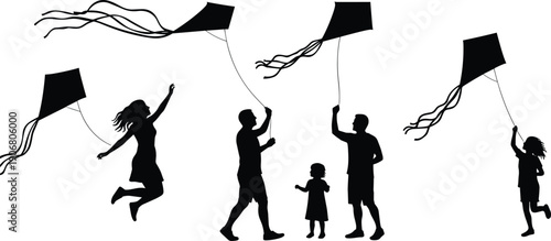 Silhouette of family and children flying kites, outdoor summer activity, happy moments, leisure, freedom, wind play, festival celebration, recreation, fun