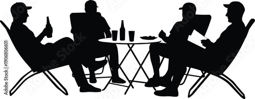 Silhouette of four men sitting in chairs around table, drinking beer, relaxing, chatting, social gathering, friendship, leisure activity, vector illustration