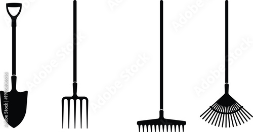 Silhouette of gardening tools shovel, pitchfork, garden rake, leaf rake, isolated on white background, agriculture equipment, vector illustration, farming icons, garden work