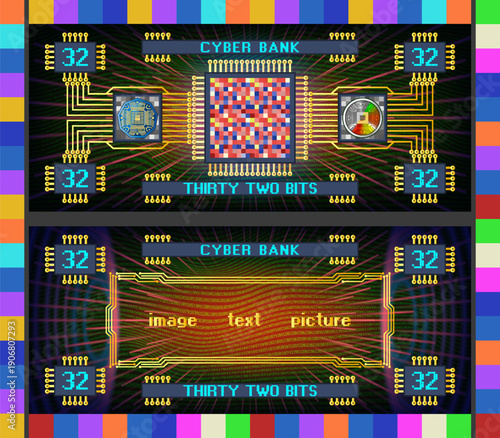 Vector obverse and reverse of futuristic abstract electronic banknote. Digital money. Cyber bank, denomination 32 bits. Bright glowing radiant screen. Graphic computer chip, pixels. Sample