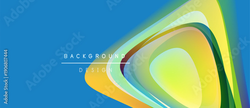 Abstract vibrant layers create dynamic composition. Blue backdrop contrasts warm yellow, green hues. Modern design element.