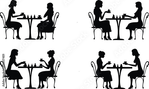 Vector illustration of a black silhouette outline featuring a couple and family sitting at a restaurant table enjoying dinner and coffee in a busy cafe bar
