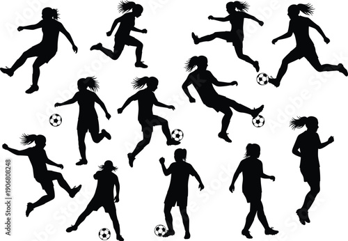 Silhouette of female soccer players in action, football athlete women kicking ball, dynamic sports pose, black isolated vector set