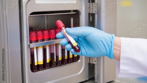Gloved hand removing blood sample tube from metal storage unit. Tubes with red caps arranged in rows, labeled for identification, highlighting lab handling and precision