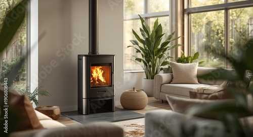 Bright living area incorporating a sustainable pellet stove for heating