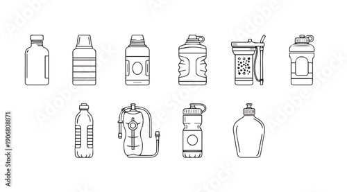 Assorted Water Bottle Icons Line Art Collection for Hydration and Sports