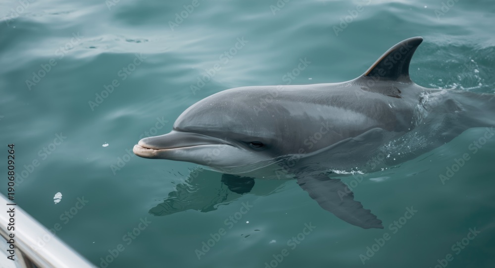 Fototapeta premium A curious dolphin gliding beside the vesselâ€™s forefront in tranquil ocean surroundings with copy space