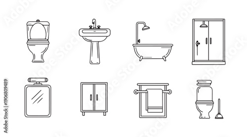 Bathroom Fixtures Icon Set Outline - Toilet, Sink, Bathtub, Shower, Cabinet, Mirror