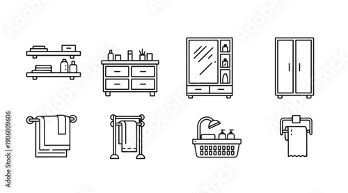 Bathroom Furniture and Accessories Line Icons Set. Vector Illustration.