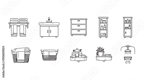 Bathroom Icons Collection: Sink, Cabinets, Towels, Baskets, Shower & Toiletries - Vector Line Art