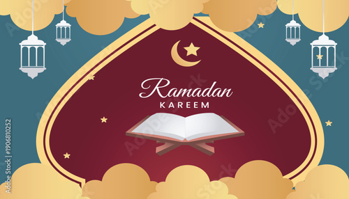 Ramadan kareem festive banner with open quran book moon lantern and cloud composition