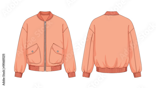Precisely illustrated technical flat sketch of a stylish peach bomber jacket, presenting both front and rear perspectives for comprehensive apparel