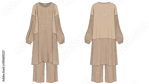 A sophisticated technical fashion drawing showcasing a contemporary pleated two-piece women's loungewear set with an oversized tunic and wide-leg