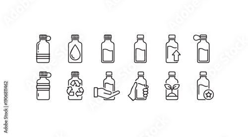 Bottle Icon Set: Recycling, Water Drop, Growth, Hand Holding, Outline Icons
