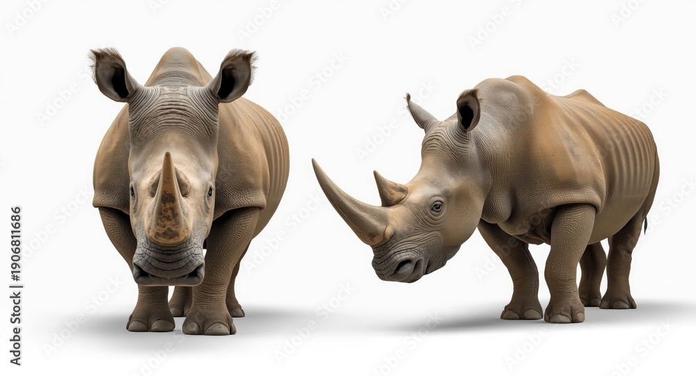 Fototapeta premium Clean white backdrop displaying two rhinoceroses with front facing and side profile perspectives