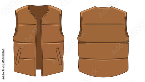 Crisp vector drawing of a brown puffer vest, detailed from the open front and the solid back. Perfect for seasonal fashion designs, layering