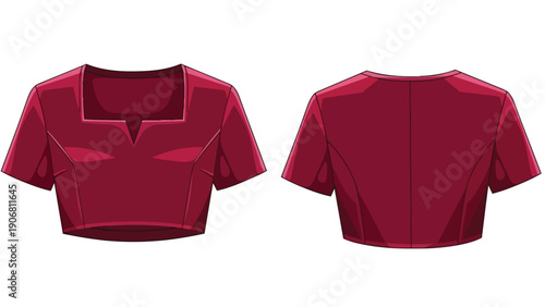 Detailed vector illustration of a stylish crimson short-sleeve crop top showcasing both front and back views for fashion design and apparel concept