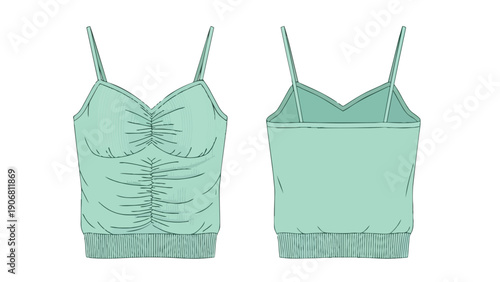 Contemporary mint green ruched camisole fashion flat technical sketch illustrating front and back views for versatile apparel design documentation