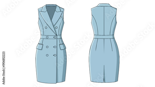 Elegant technical illustration of a sleeveless double-breasted dress pattern. Features detailed front and back views, perfect for precise fashion
