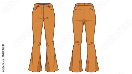 Technical fashion flat drawing of women's flared leg trousers, front and back view.
